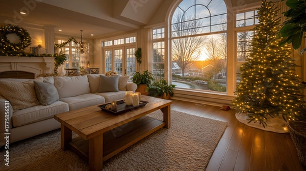 Fototapeta Cozy Christmas Interior Scene: A beautifully decorated living room at Christmas. Warm tones from the setting sun and artificial light and a large Christmas tree add to the cozy atmosphere.