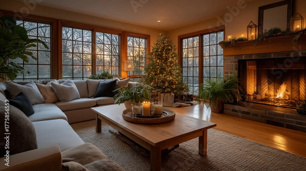 Obraz Warm Holiday Home: The interior of a cozy, inviting home, transformed by festive decorations, with a Christmas tree sparkling with lights, a crackling fireplace, and comfortable seating arrangements.