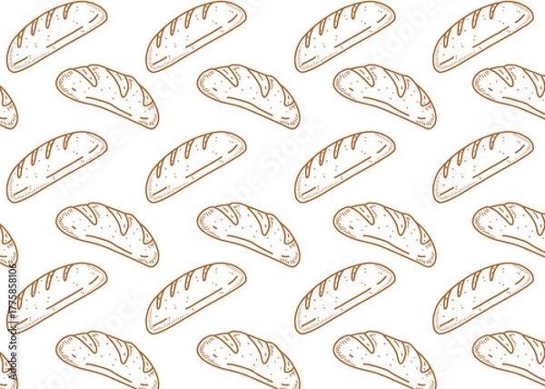Fototapeta Seamless doodle pattern featuring hand-drawn bread loaves in a simple brown and white style. Perfect for bakery packaging, cafe branding, kitchen textiles, or food-themed backgrounds.
