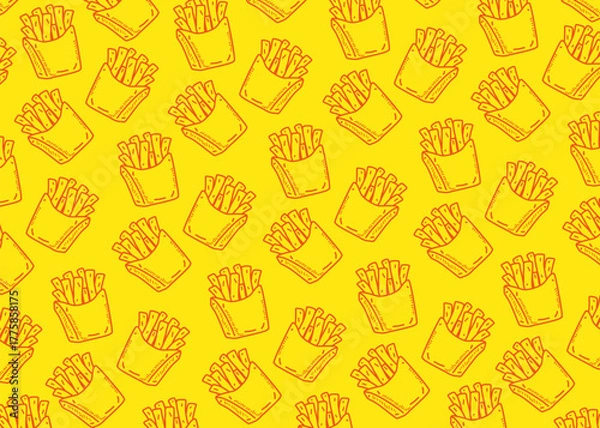 Fototapeta Seamless pattern of hand-drawn french fries in paper boxes on a bright yellow background. Fun and playful design perfect for fast food branding, restaurant packaging, or cheerful food illustrations.