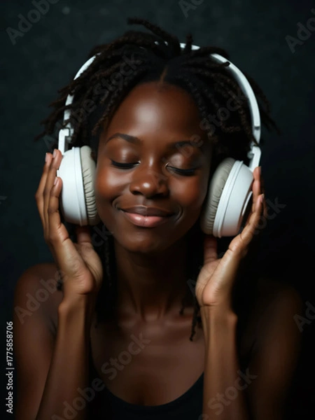 Obraz Happy Woman Listening to Music with Headphones on Dark Background
