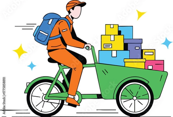 Fototapeta Delivery Person Riding Cargo Bike Laden With Colorful Boxes In A Whimsical Setting With Sparkles