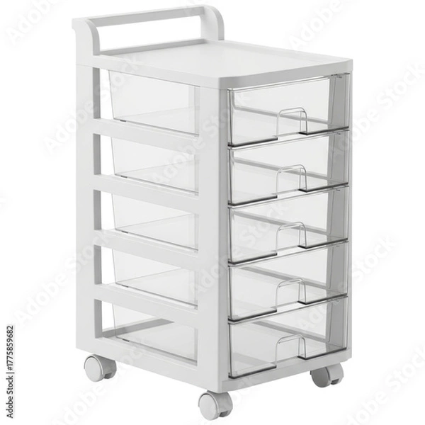 Fototapeta White rolling storage cart with five clear plastic drawers and top handle