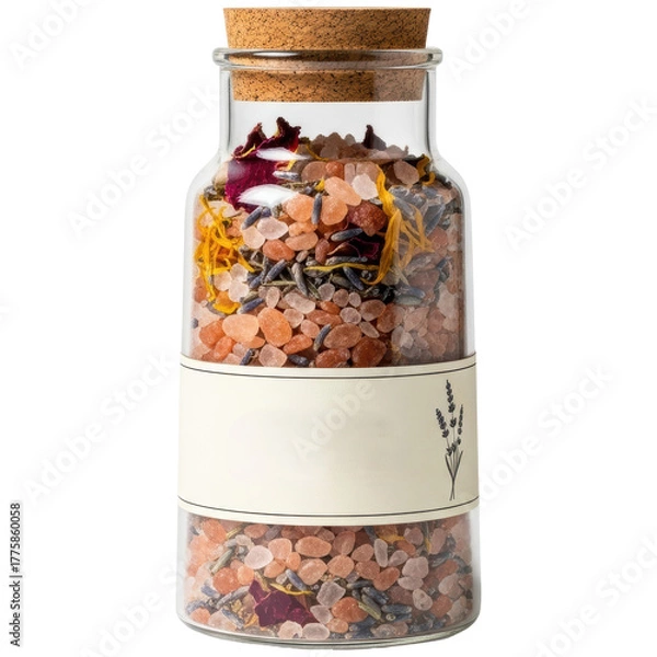 Fototapeta Natural himalayan bath salts with lavender and rose petals in a glass bottle