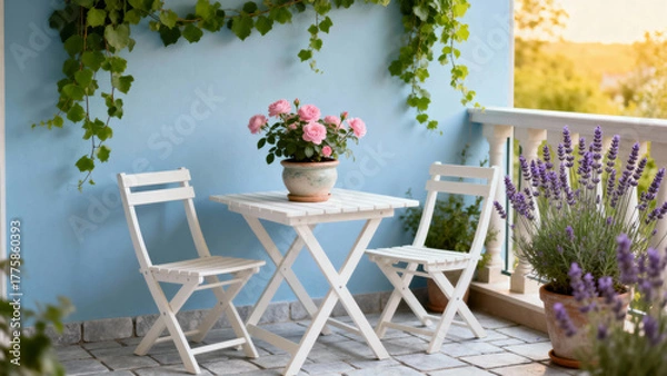 Fototapeta White folding table and chairs on a balcony with potted flowers and greenery against a blue wall