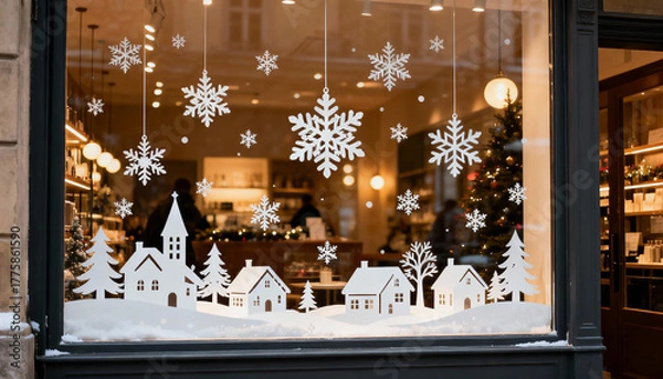Obraz Christmas stickers decorate the storefront display in the city, illuminated with festive decorations and joy.