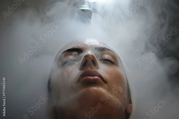 Fototapeta Client enjoys a serene mist treatment in a calming wellness studio during a rejuvenating spa session