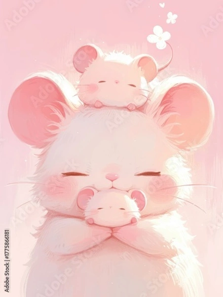 Fototapeta Charming hand-drawn illustration of cute little mouses in soft pink tones creating a romantic vibe