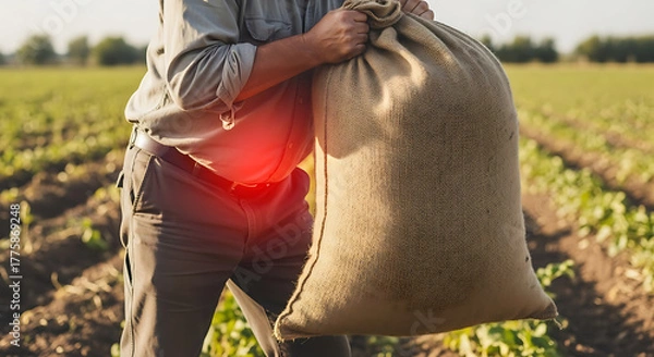 Obraz Man with back pain from lifting heavy sack in an agricultural field, highlighting injury