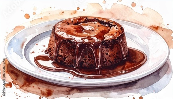 Fototapeta Exquisite Watercolor Illustration of a Molten Chocolate Fondant Dessert on a Plate, with Rich Sauce Oozing Out from the Center