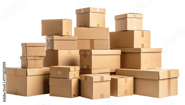 Fototapeta Piled brown cardboard boxes, various sizes, against a dark background