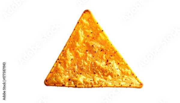 Fototapeta Single nacho chip, triangle, textured, orange, dark speckled