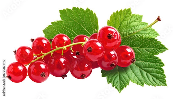 Fototapeta Branch of bright red currants with lush green leaves on black