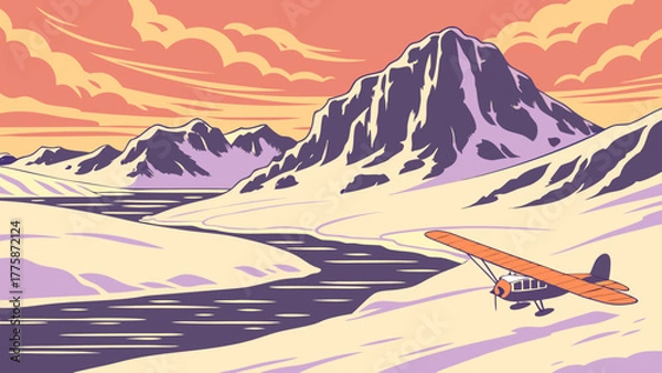 Obraz Orange airplane flying over a snowy landscape with mountains and a winding river at sunset view