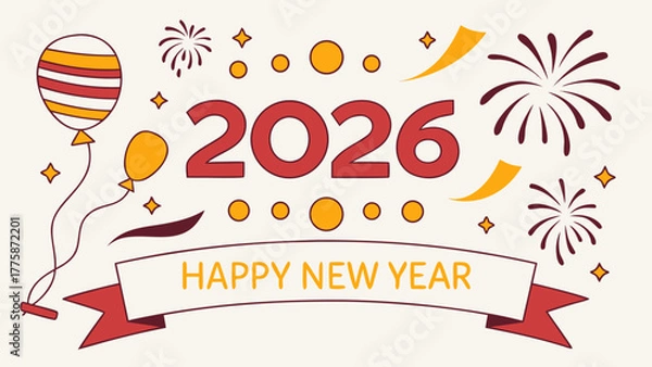 Obraz Illustration of happy new year banner with balloons and fireworks for the year two thousand twenty six
