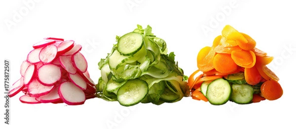 Fototapeta Three colorful vegetable towers of radish cucumber and carrot isolated on transparent background