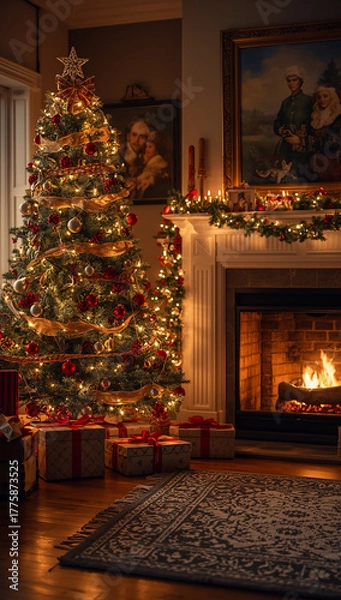 Fototapeta Christmas background living room with warm lights glowing fireplace cozy atmosphere