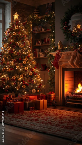 Obraz Christmas background living room with warm lights glowing fireplace cozy atmosphere