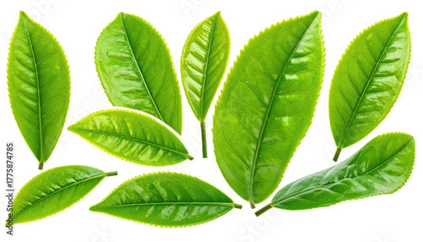 Fototapeta Glossy green leaves, with visible veins, isolated against black
