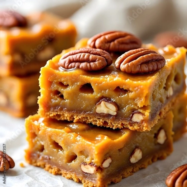 Obraz Pumpkin Pecan Magic Bars neatly stacked on a white parchment-lined plate
