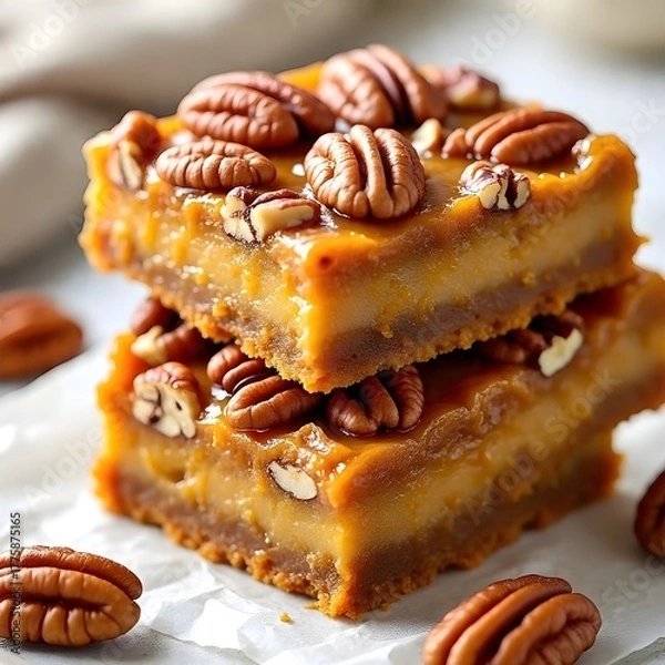 Obraz Pumpkin Pecan Magic Bars neatly stacked on a white parchment-lined plate