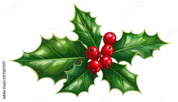 Fototapeta Holly leaves with clustered red berries isolated on black