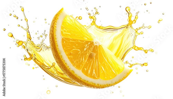 Fototapeta Sliced lemon splashing juice, highlighting freshness and vibrancy