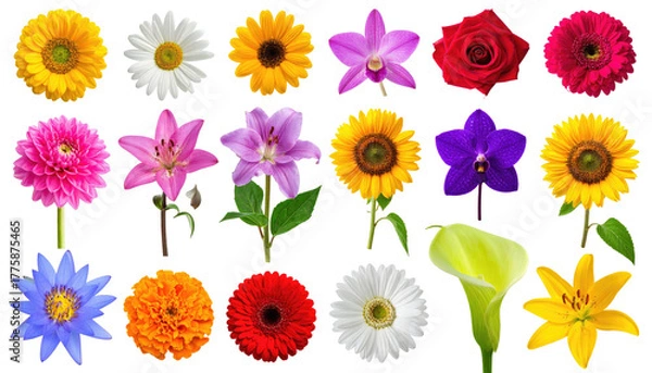 Fototapeta Diverse arrangement of colorful flowers against a black backdrop
