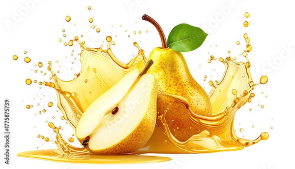 Fototapeta Pears with juicy splash and droplets on black background