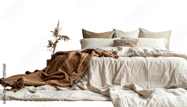 Fototapeta Bed with rumpled linen bedding, neutral tones, pampas grass d?cor