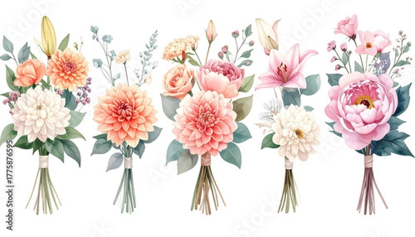 Fototapeta Five bouquets of watercolor flowers, tied with string, dark backdrop