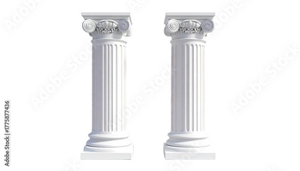 Fototapeta Two white ionic columns stand against a stark black backdrop (1)