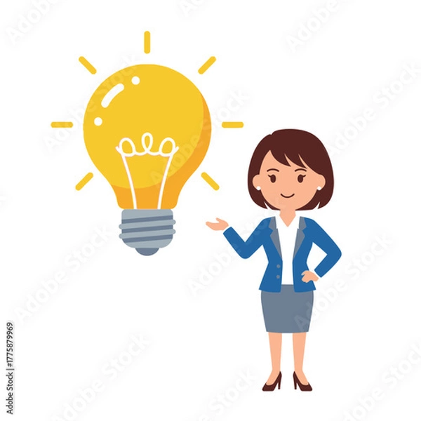 Fototapeta Cartoon woman in business attire presents a bright, glowing light bulb, symbolizing a new idea.