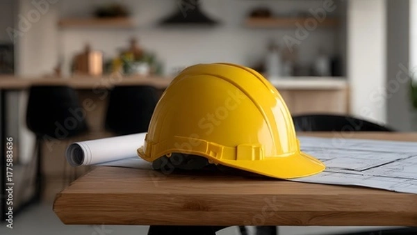 Fototapeta A bright yellow hardhat rests on a large blueprint and rolled plans atop a wooden table. The modern home interior background suggests an architect or engineer planning a home renovation.