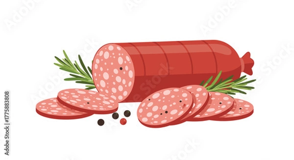 Obraz A delicious salami sausage, partially sliced and garnished with fresh rosemary and black and red peppercorns, ready for a meal.