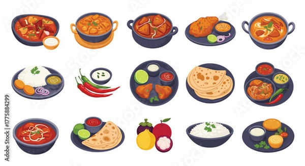 Obraz A vibrant collection of traditional Indian cuisine, featuring an assortment of delicious curries, breads, rice, snacks, and fresh fruits.
