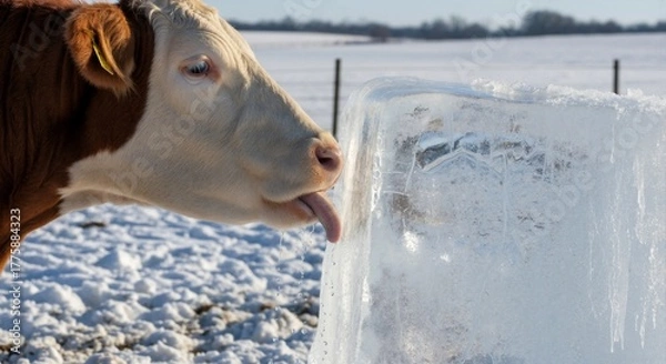 Fototapeta Close-up of a brown and white cow licking a block of ice in a snowy field. Thirsty farm animal hydrating in cold winter weather