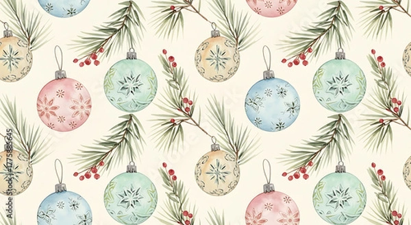 Obraz Watercolor seamless pattern featuring pastel Christmas ornaments, evergreen pine branches, and festive red berries on a cream background.