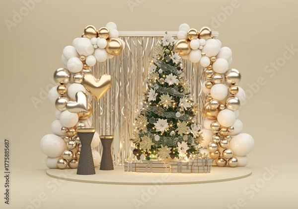 Obraz Luxury Christmas Tree Interior Scene – Holiday Home Decor Background 3D Render