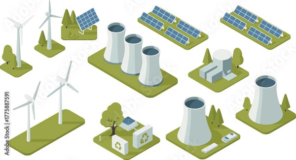 Obraz Isometric illustration of renewable energy sources including wind turbines, solar panels, nuclear power plant, and eco-friendly sustainable energy production