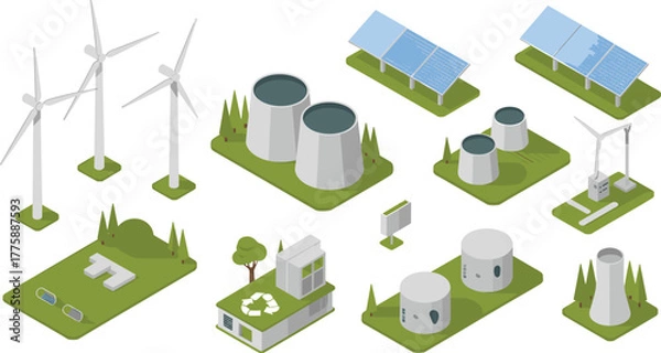 Obraz Isometric illustration of renewable energy sources including wind turbines, solar panels, nuclear power plant, and eco-friendly sustainable energy production
