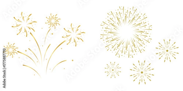 Fototapeta Illustration of several metallic gold style fireworks exploding simultaneously