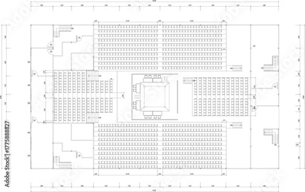 Fototapeta 2D Drawing Layout Design for Boxing Arena with Seating Arrangement, Stage, and Entrance–Exit Plan