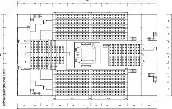 Fototapeta 2D Drawing Layout Design for Boxing Arena with Seating Arrangement, Stage, and Entrance–Exit Plan