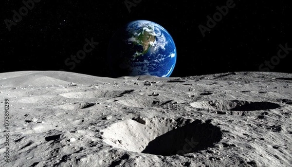 Obraz A breathtaking view of Earth from the Moon's cratered surface, a blue marble suspended in the cosmic void, symbolizing humanity's quest for discovery and space exploration