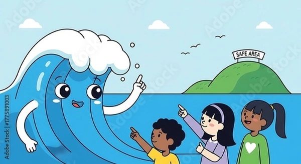 Fototapeta Cartoon Wave Guiding Children Towards Safety Zone on a Coastal Scene
