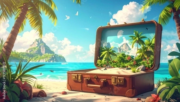 Obraz Vacation Suitcase Tropical Beach Getaway Dream, Escape to Paradise with Palm Trees and Clear Skies