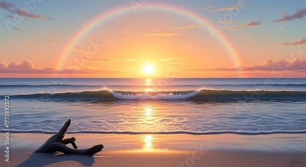 Obraz Vibrant Sunset on the Beach with Rainbow A Scenic Coastal View in the Golden Hour