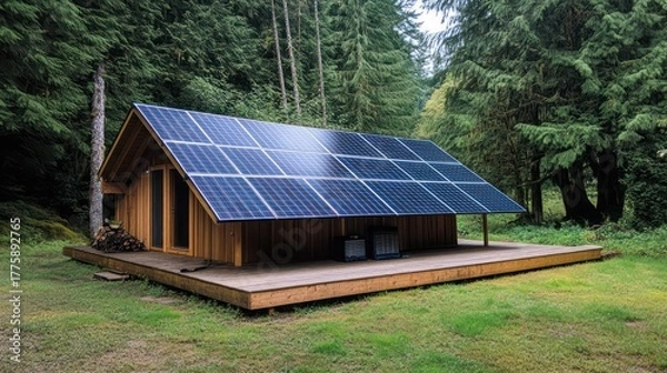 Obraz Sustainable solar cabin forest clearing architecture serene environment elevated view eco-friendly living