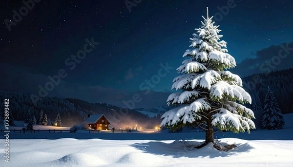 Fototapeta Enchanting Winter Night Landscape with a Majestic Snow-Covered Christmas Tree and a Warm, Illuminated Cabin in the Distance, Under a Star-Filled Sky